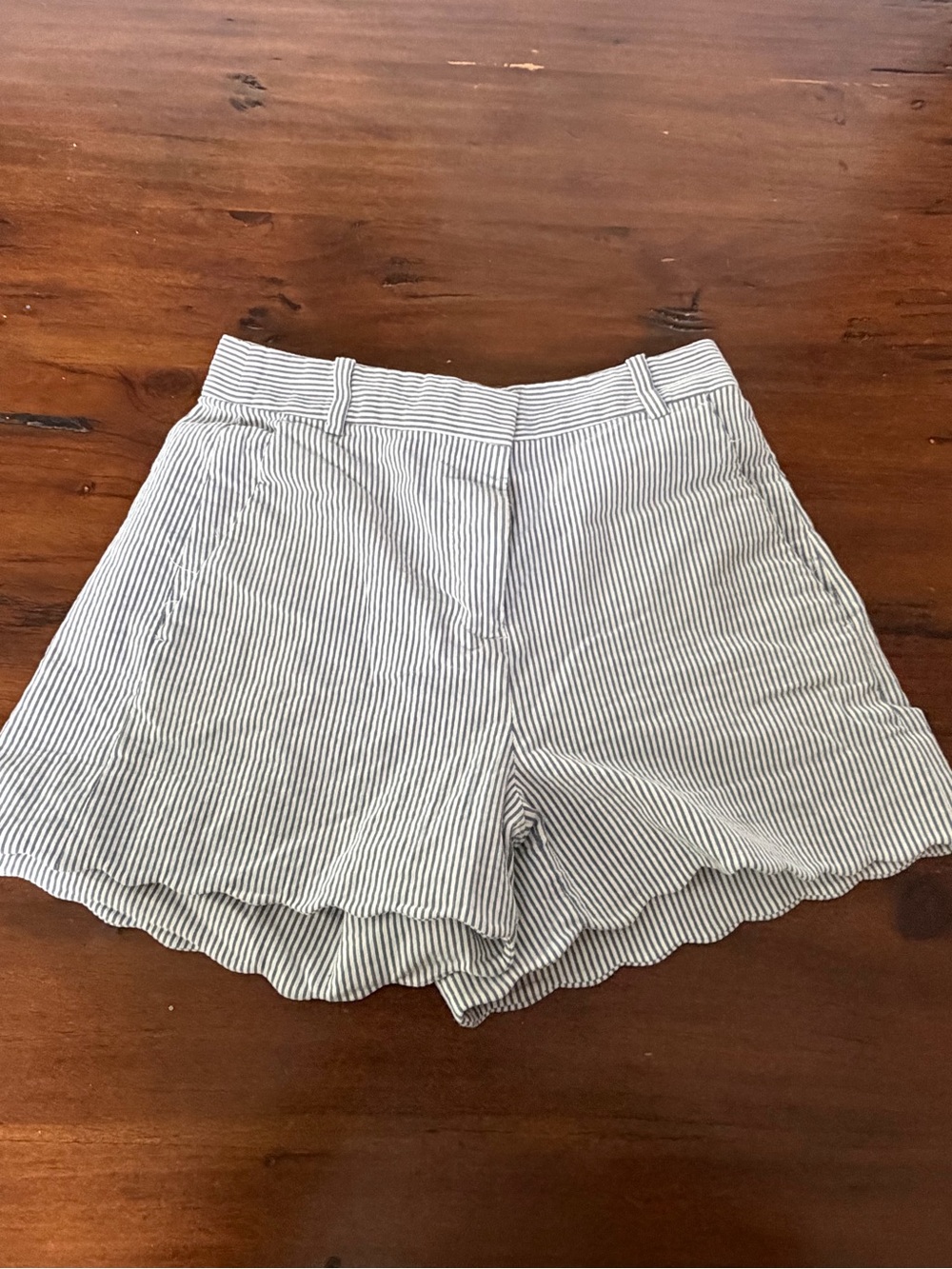 J. Crew Navy and White Striped Scallop-Hem High-Waist Shorts